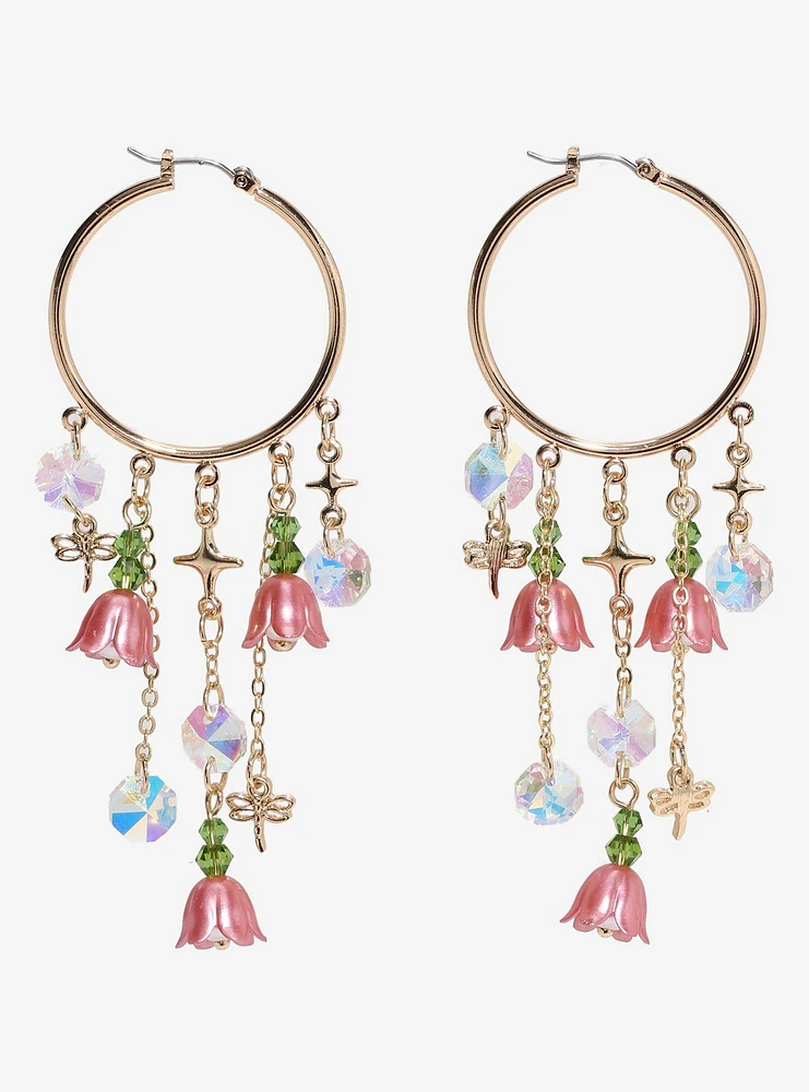 Thorn & Fable Flower Dragonfly Drop Hoop Earrings