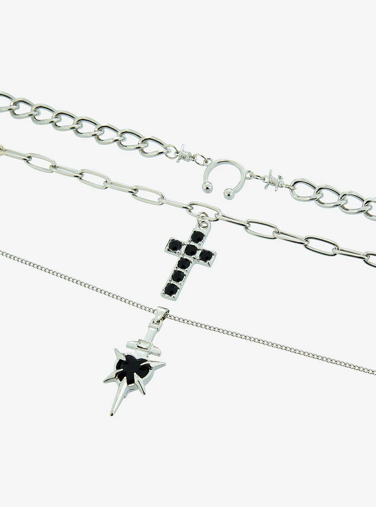 Social Collision Spike Heart Cross Necklace Set