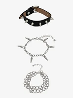 Black & Silver Spike Faux Leather Chain Bracelet Set