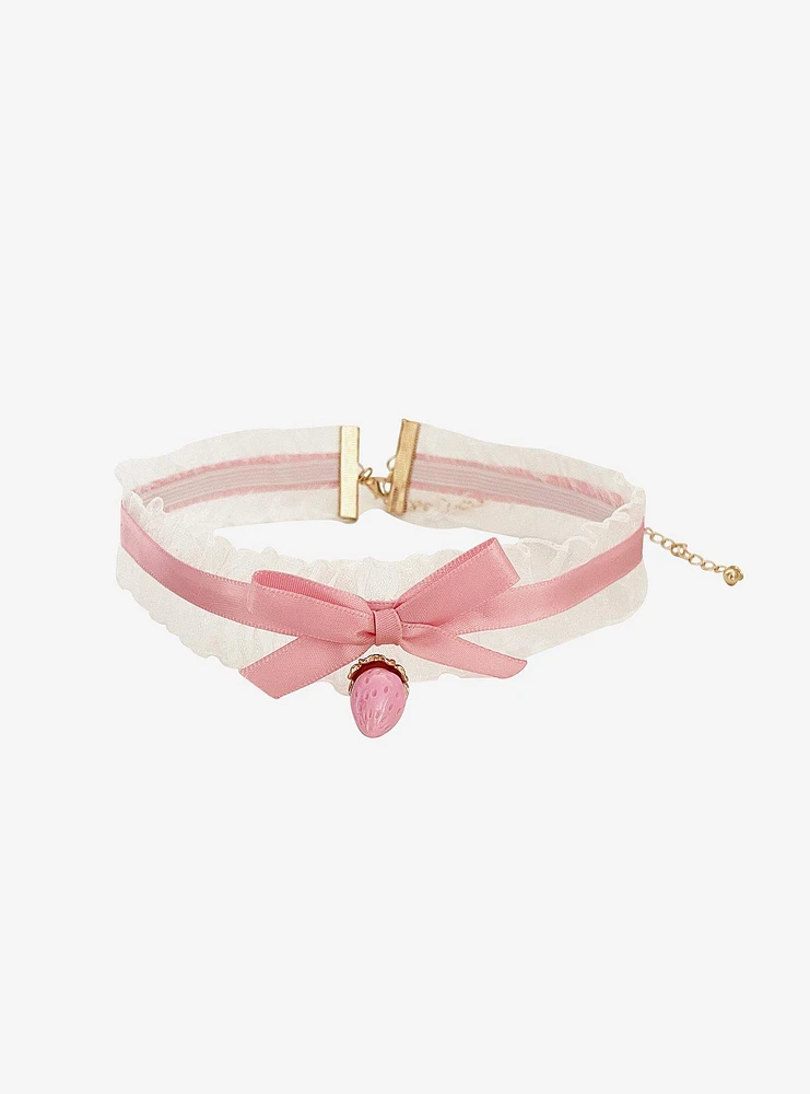 Sweet Society Pink Strawberry Ruffle Ribbon Choker