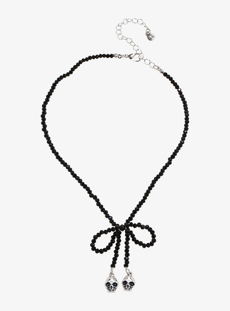 Social Collision Beaded Bow & Skull Charm Necklace