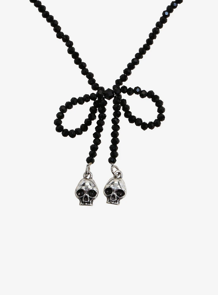 Social Collision Beaded Bow & Skull Charm Necklace