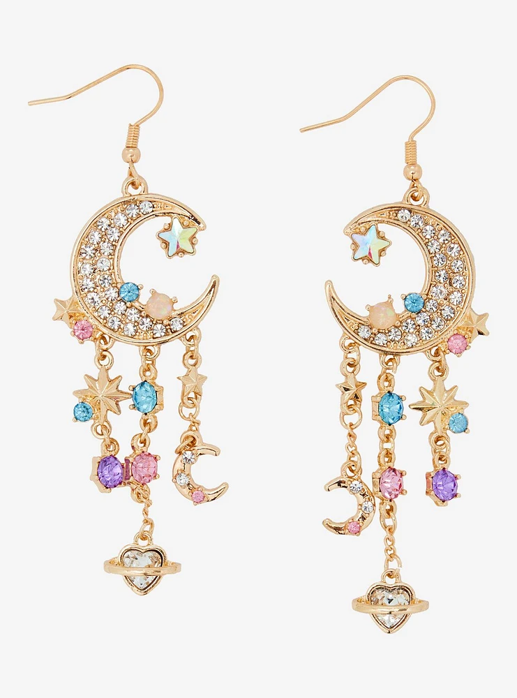 Cosmic Aura Jeweled Crescent Moon Chandelier Earrings