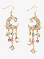 Cosmic Aura Jeweled Crescent Moon Chandelier Earrings