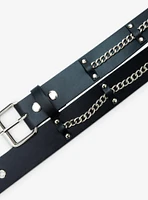 Black Faux Leather Silver Chain Stud Belt