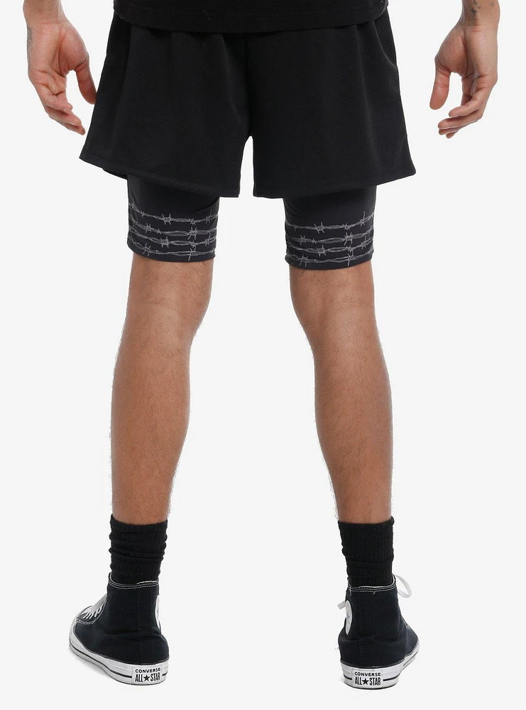 Social Collision Cross & Barb Wire Twofer Athletic Shorts