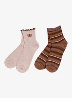 Brown Butterfly Stripe Ankle Socks 2 Pair