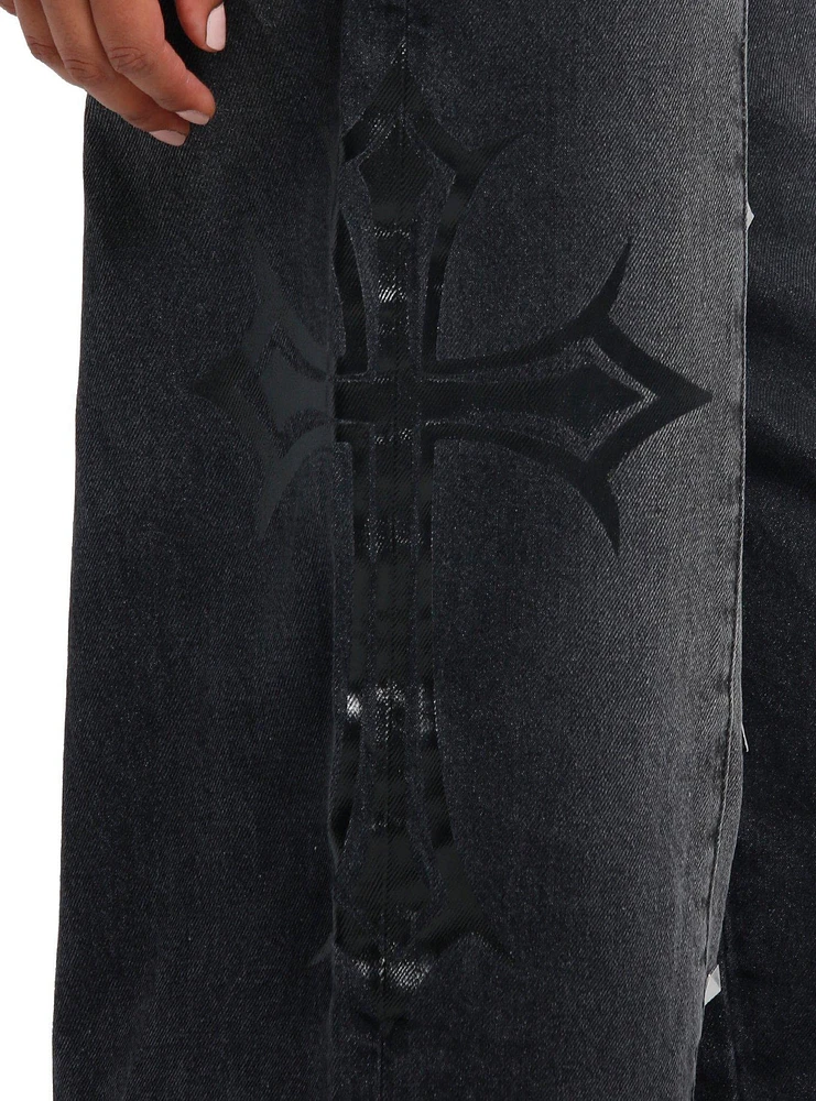 Black Gothic Cross & Stud Wide Leg Jeans