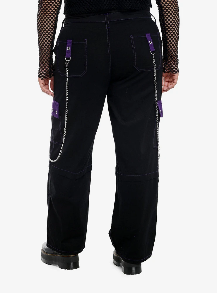 Black & Purple Grommet Strap Carpenter Pants Plus