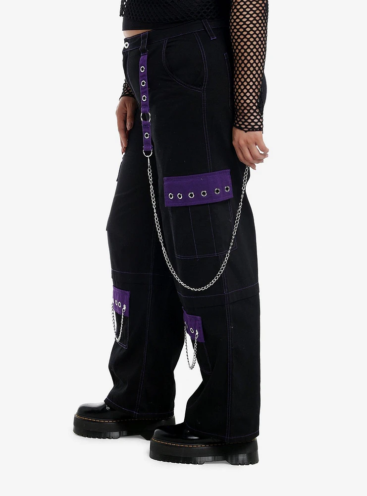 Black & Purple Grommet Strap Carpenter Pants Plus