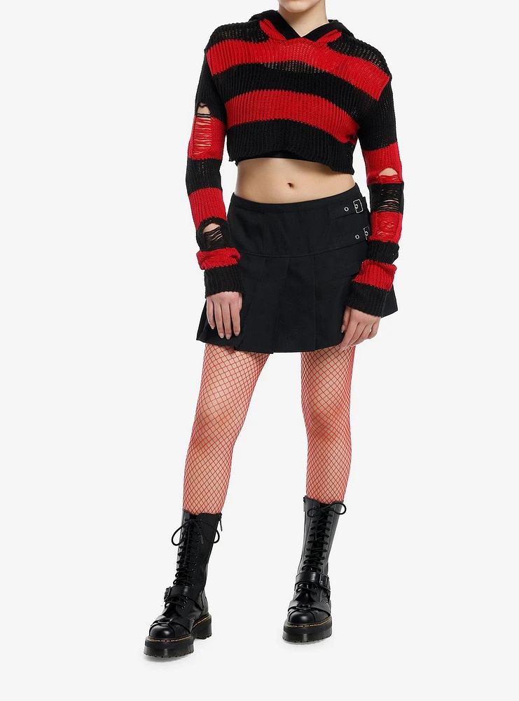 Social Collision Red & Black Stripe Knit Bolero Girls Crop Hoodie