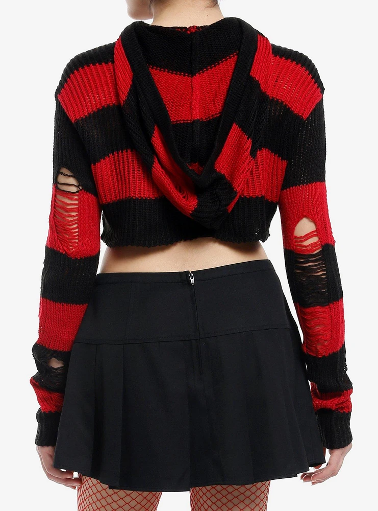 Social Collision Red & Black Stripe Knit Bolero Girls Crop Hoodie