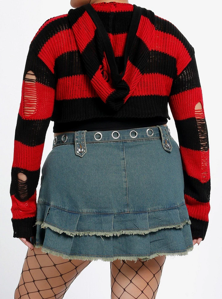 Social Collision Red & Black Stripe Knit Bolero Girls Crop Hoodie Plus