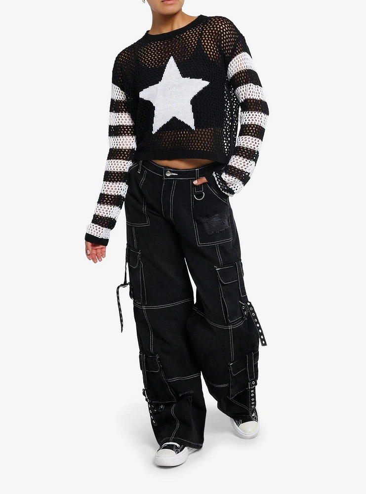 Black & White Star Stripe Open Knit Girls Crop Sweater