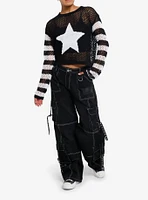 Black & White Star Stripe Open Knit Girls Crop Sweater