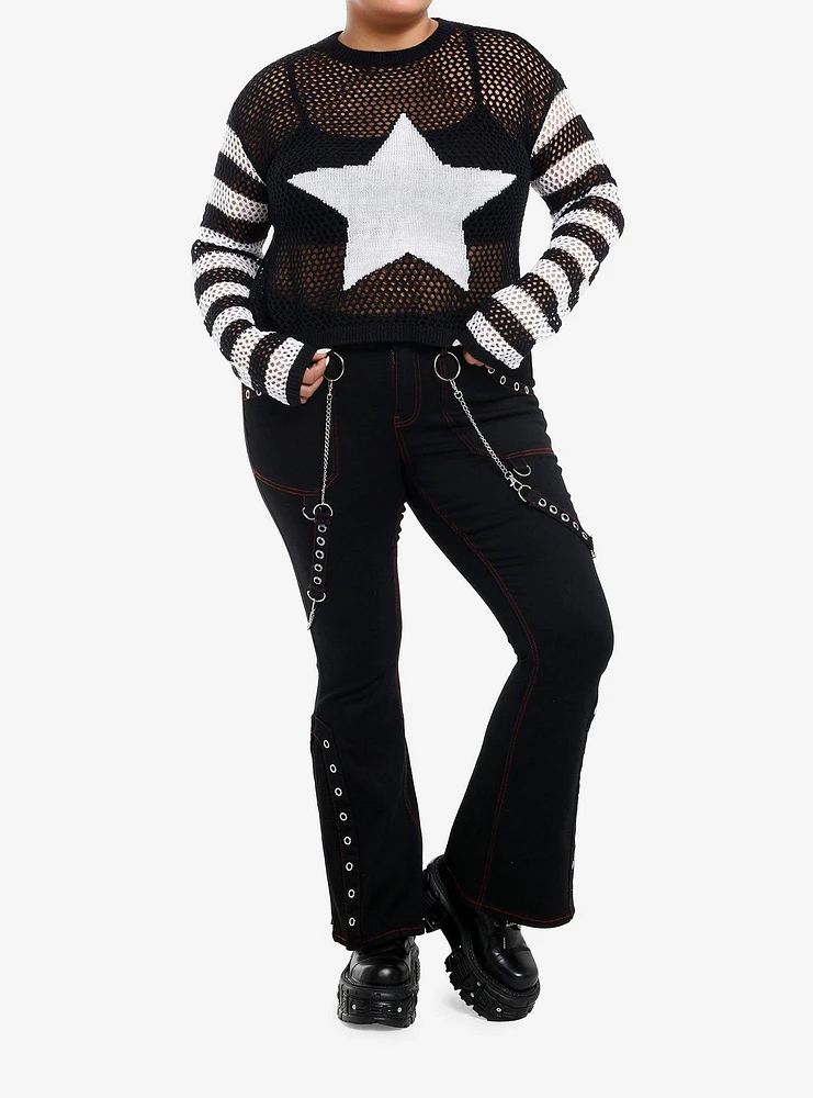 Black & White Star Stripe Open Knit Girls Crop Sweater Plus