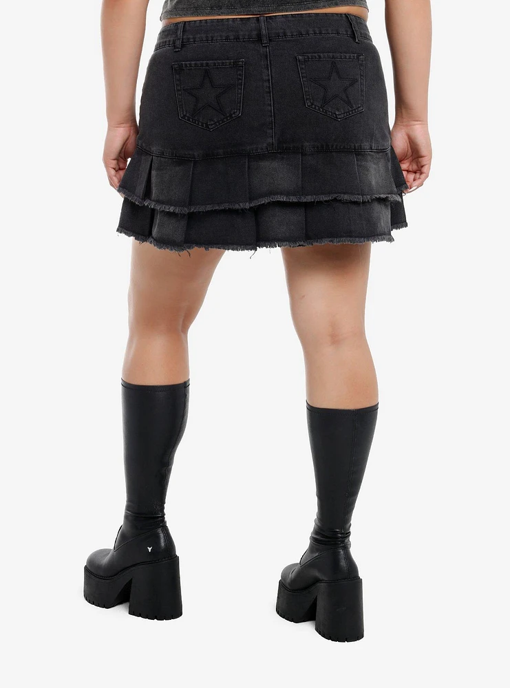 Social Collision Black Stud & Charm Ruffle Denim Mini Skirt Plus