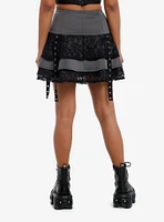 Social Collision Black & Grey Lace Grommet Strap Buckle Skirt