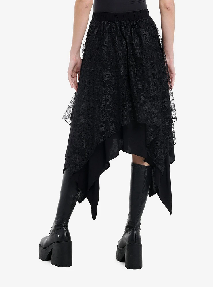 Cosmic Aura Black Rose Lace Hanky Hem Midi Skirt