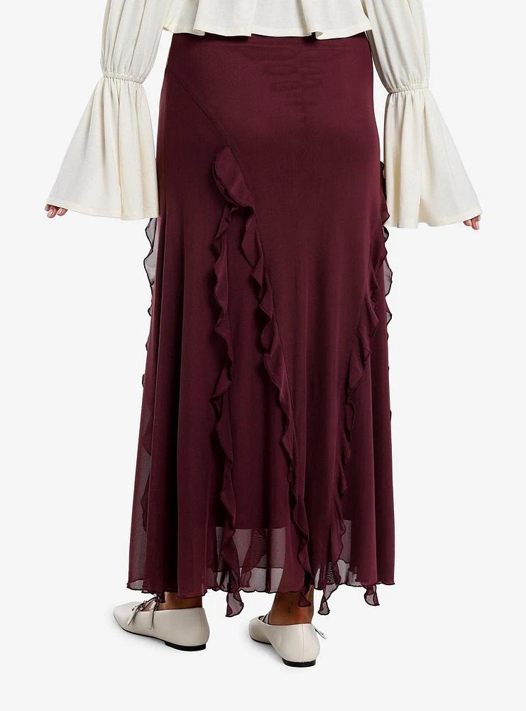 Cosmic Aura Merlot Asymmetrical Ruffle Midaxi Skirt