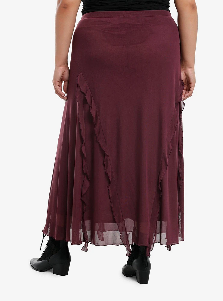 Cosmic Aura Merlot Asymmetrical Ruffle Midaxi Skirt Plus