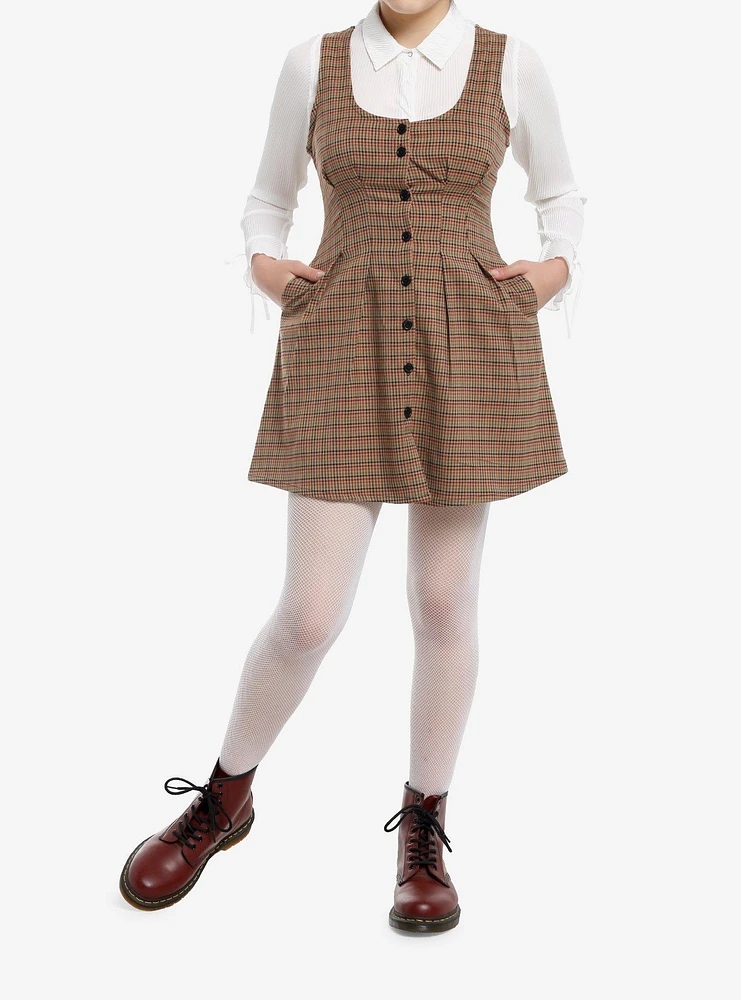 Sweet Society Brown Plaid Apron Mini Dress