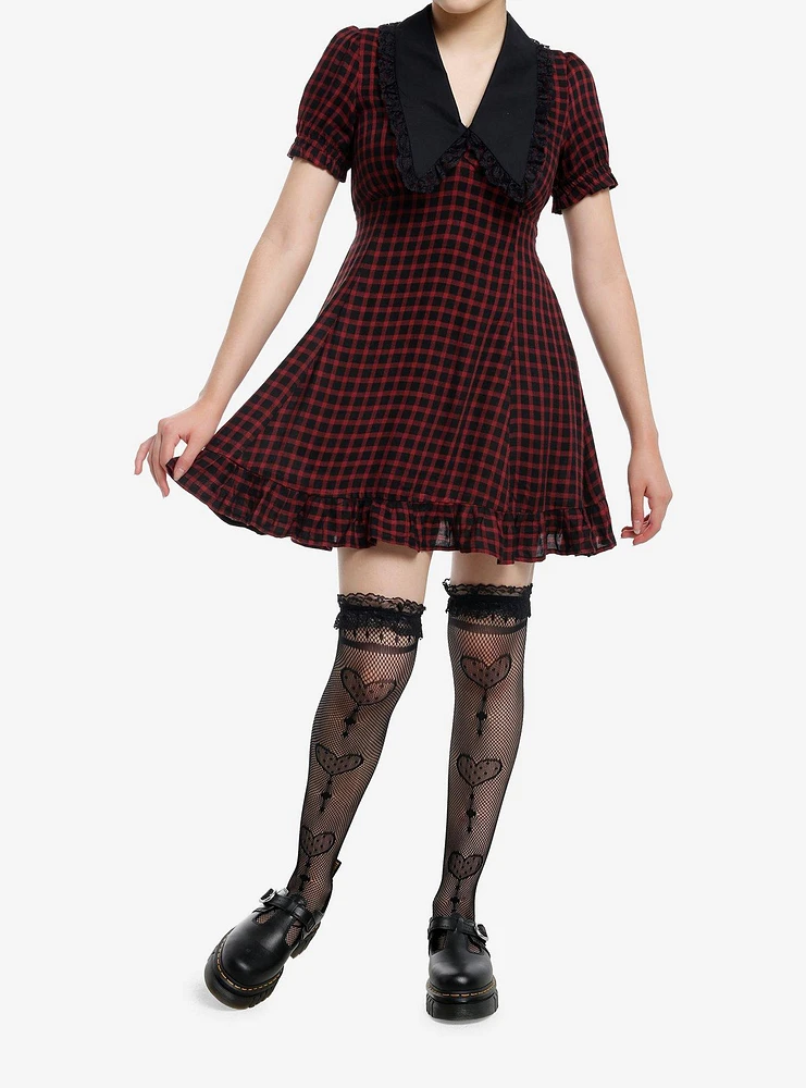 Sweet Society Red & Black Checkered Bib Collar Mini Dress