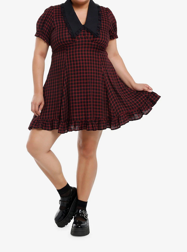 Sweet Society Red & Black Checkered Bib Collar Mini Dress Plus