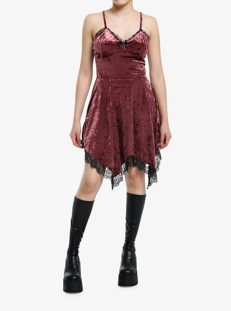 Thorn & Fable Burgundy Velvet Black Lace Hanky Hem Slip Dress