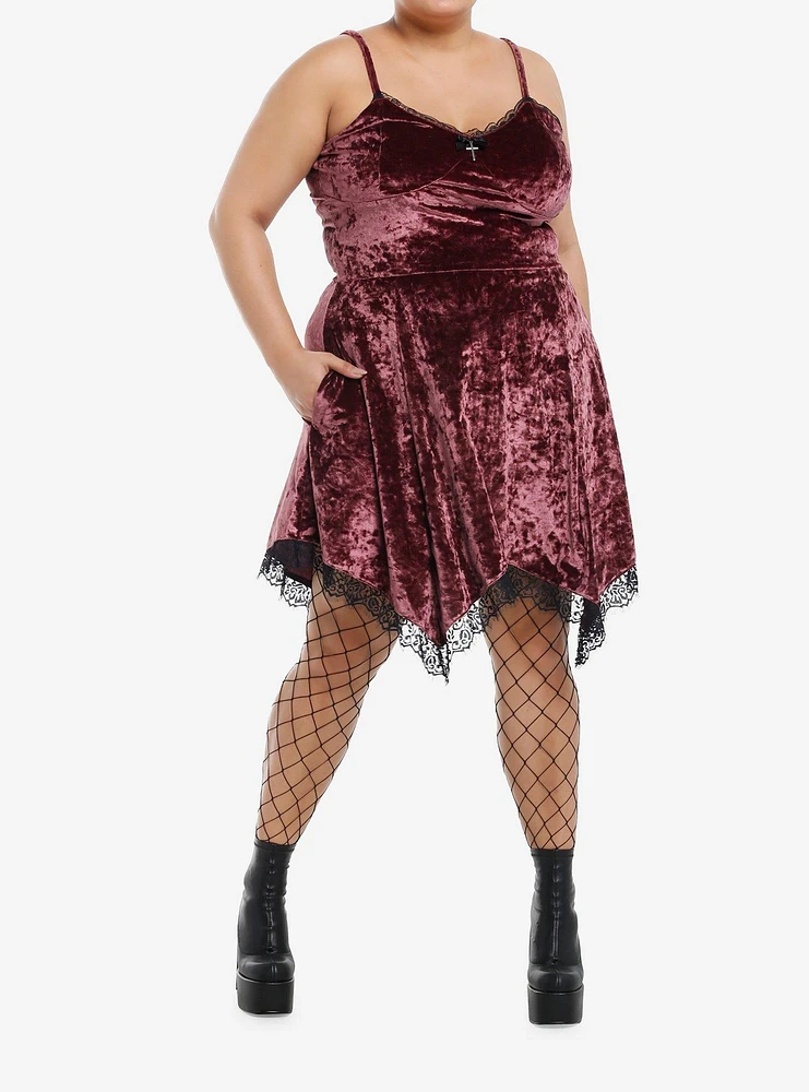 Thorn & Fable Burgundy Velvet Black Lace Hanky Hem Slip Dress Plus