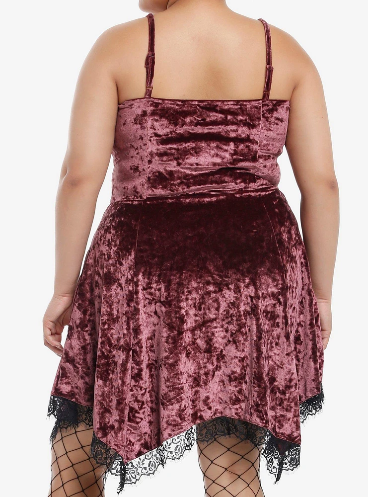 Thorn & Fable Burgundy Velvet Black Lace Hanky Hem Slip Dress Plus