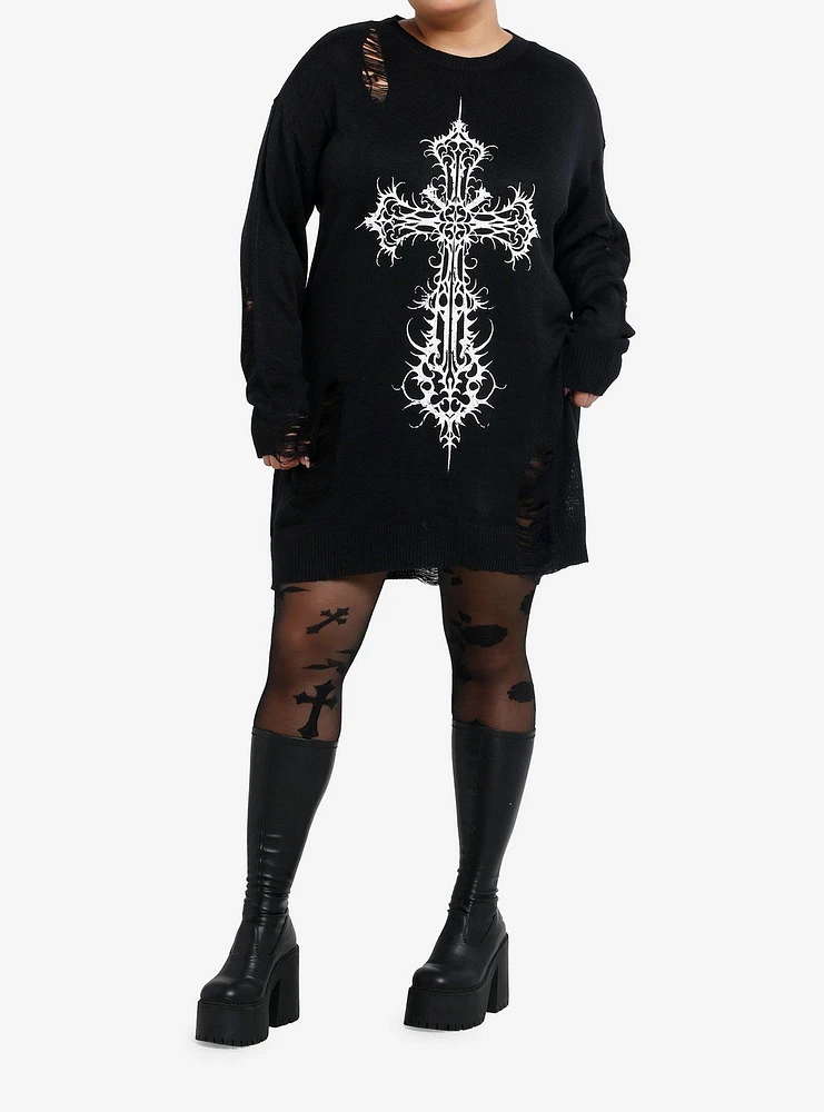 Cosmic Aura Gothic Cross Distressed Sweater Dress Plus