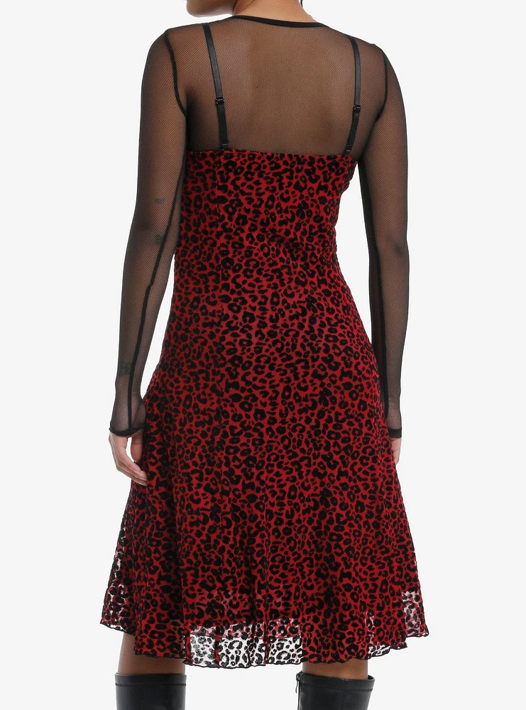 Social Collision Red & Black Leopard Print Fishnet Twofer Dress