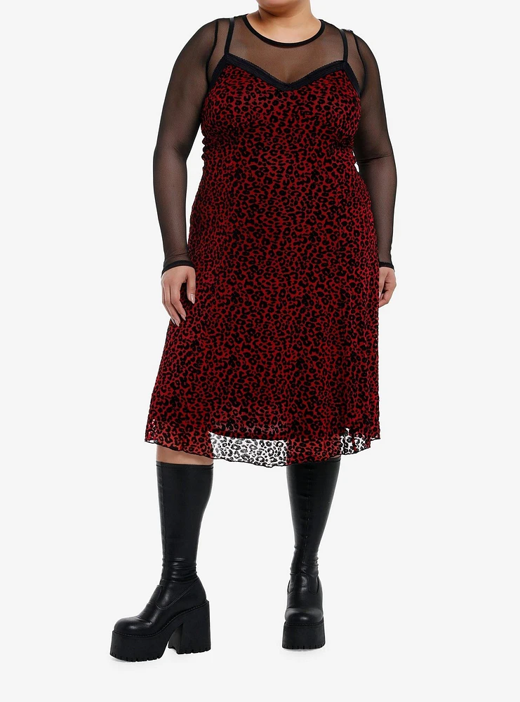 Social Collision Red & Black Leopard Print Fishnet Twofer Dress Plus