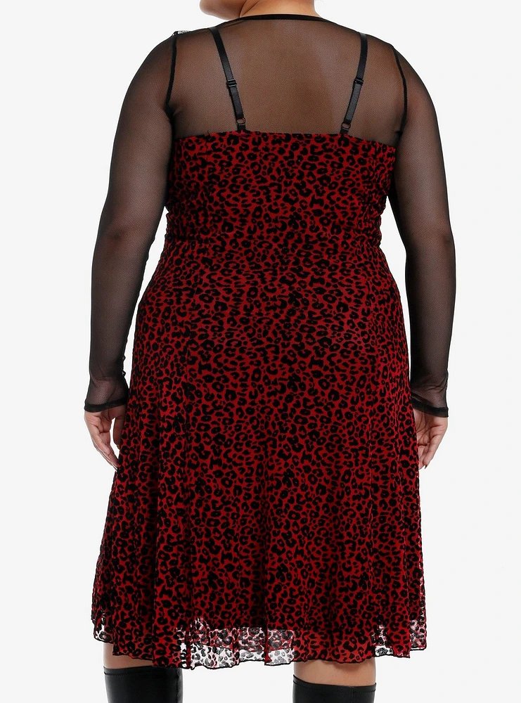 Social Collision Red & Black Leopard Print Fishnet Twofer Dress Plus