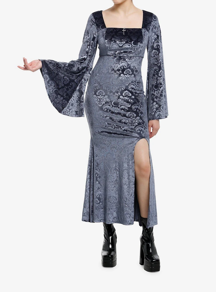 Cosmic Aura Skull Filigree Debossed Velvet Maxi Dress