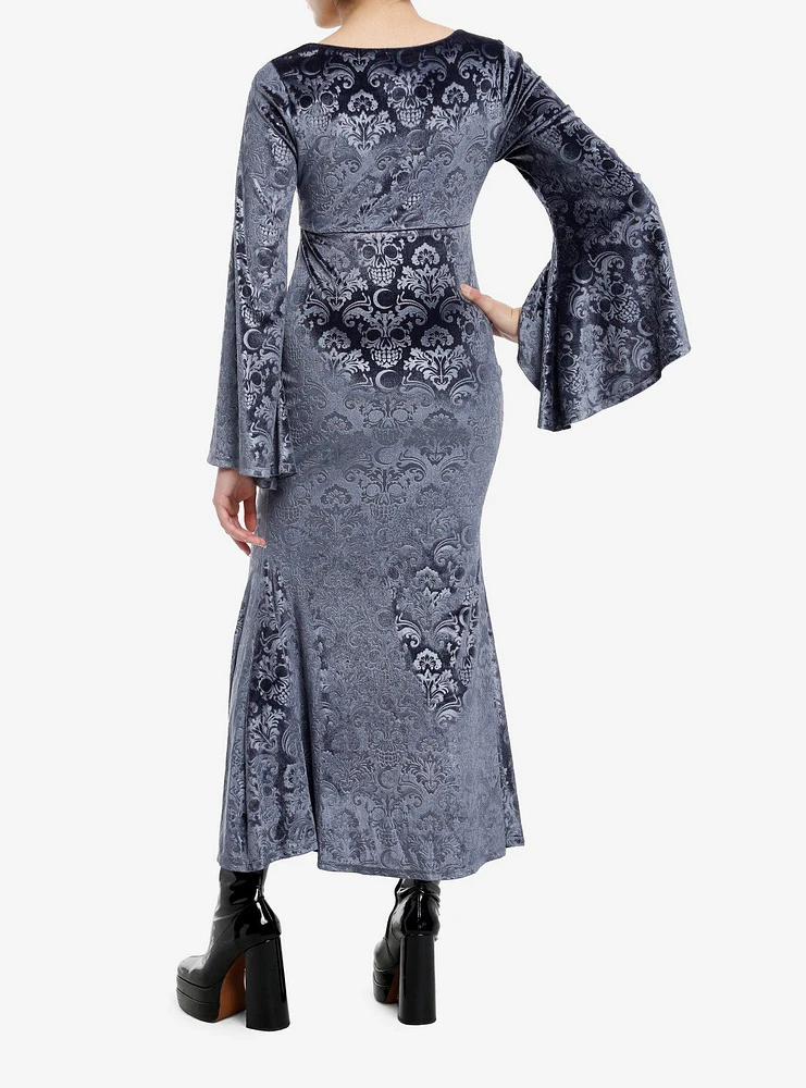 Cosmic Aura Skull Filigree Debossed Velvet Maxi Dress