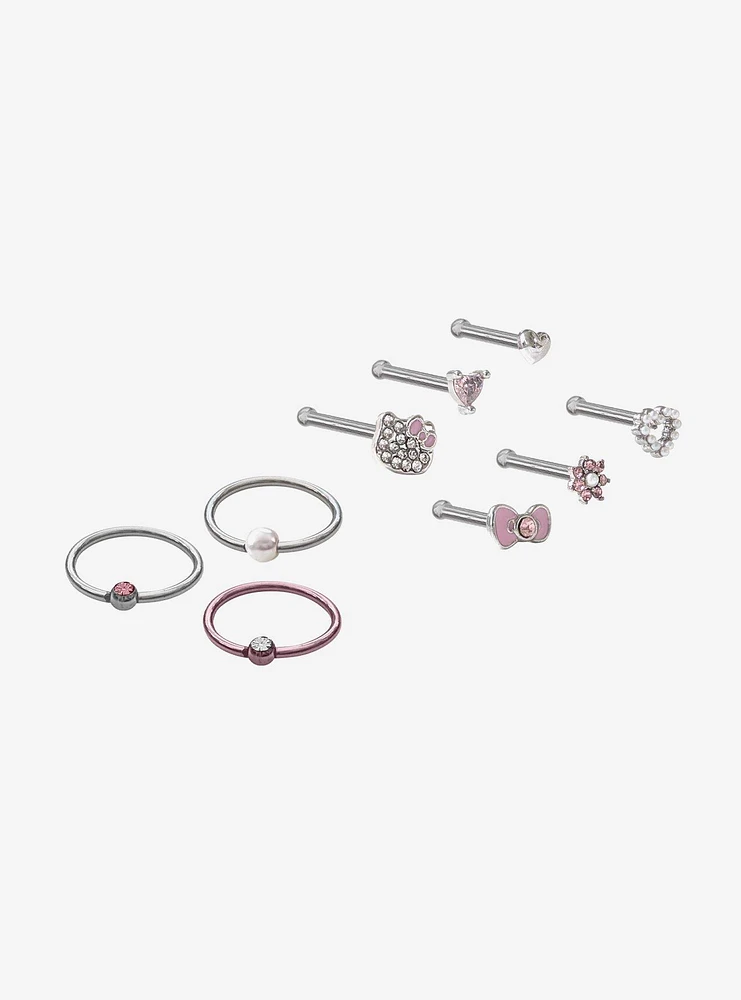 Hello Kitty Steel Silver Icons Nose Stud & Hoop 9 Pack