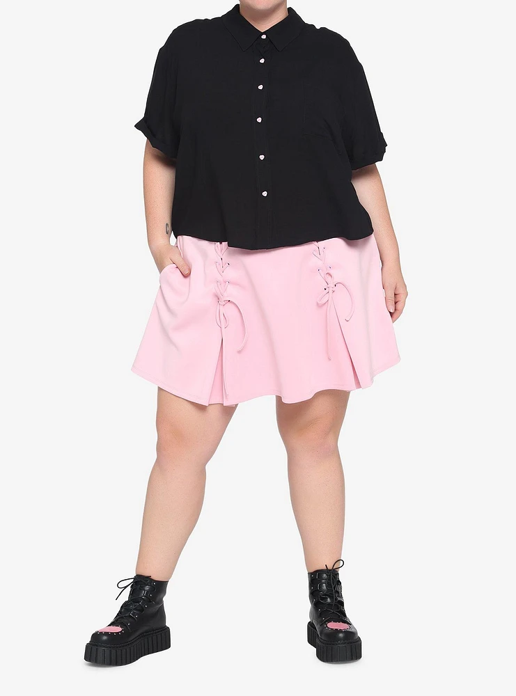 Black Boxy Heart Buttons Girls Crop Woven Button-Up Plus