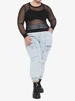 Black Mesh Layered Girls Crop Long-Sleeve Top Plus