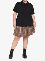 Black Puff Sleeve Tie-Front Girls Woven Button-Up Plus