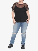 Black Mesh Girls Short-Sleeve Shirt Plus