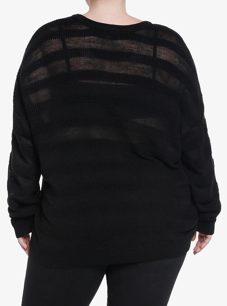 Social Collision Black Mesh Stripe Girls Knit Long-Sleeve Top Plus