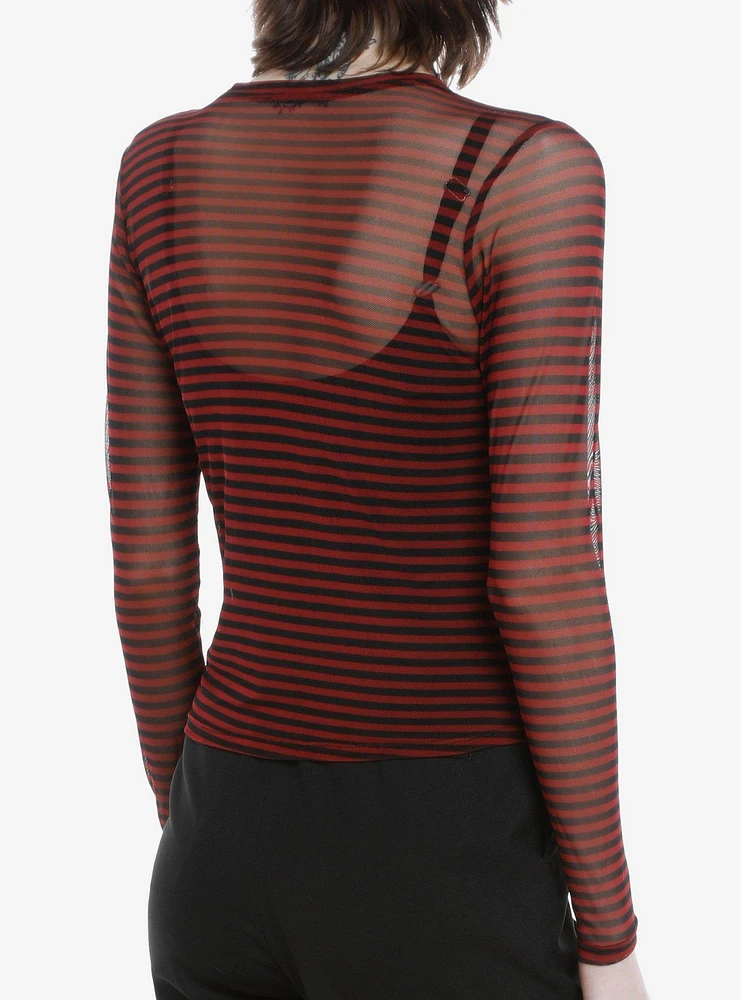 Black & Red Stripe Mesh Girls Long-Sleeve Top