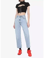 Black Lace-Up Cutout Mock Neck Girls Crop Top