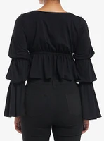 Thorn & Fable Black Ruched Bell Sleeve Girls Top