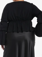 Thorn & Fable Black Ruched Bell Sleeve Girls Top Plus