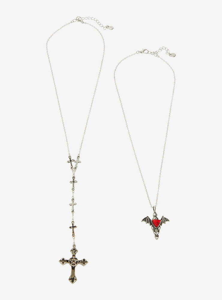 Cosmic Aura Bat Gem Cross Lariat Necklace Set