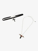 Cosmic Aura Crystal Bat Cross Necklace Set