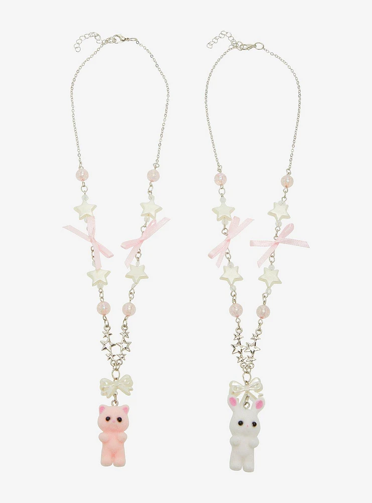 Sweet Society Flocked Cat Bunny Charm Best Friend Necklace Set